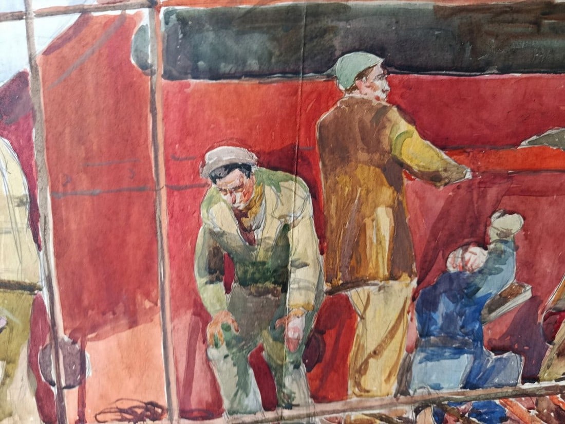 Watercolor painting People at a construction site Unknown artist - 6