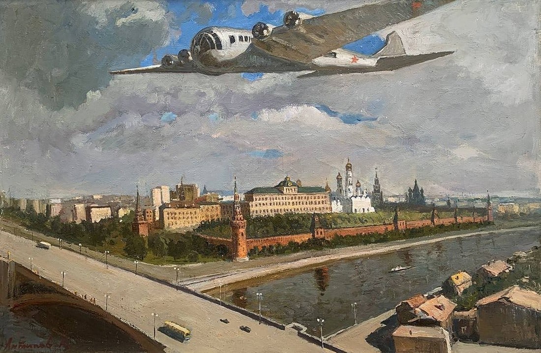 Oil painting Airplane over the city Antipov A. - 2