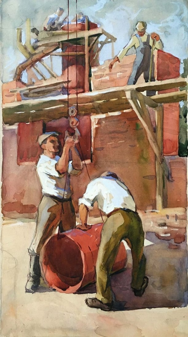 Watercolor painting People at a construction site (1 of 8)