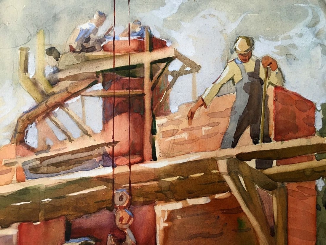 Watercolor painting People at a construction site - 2