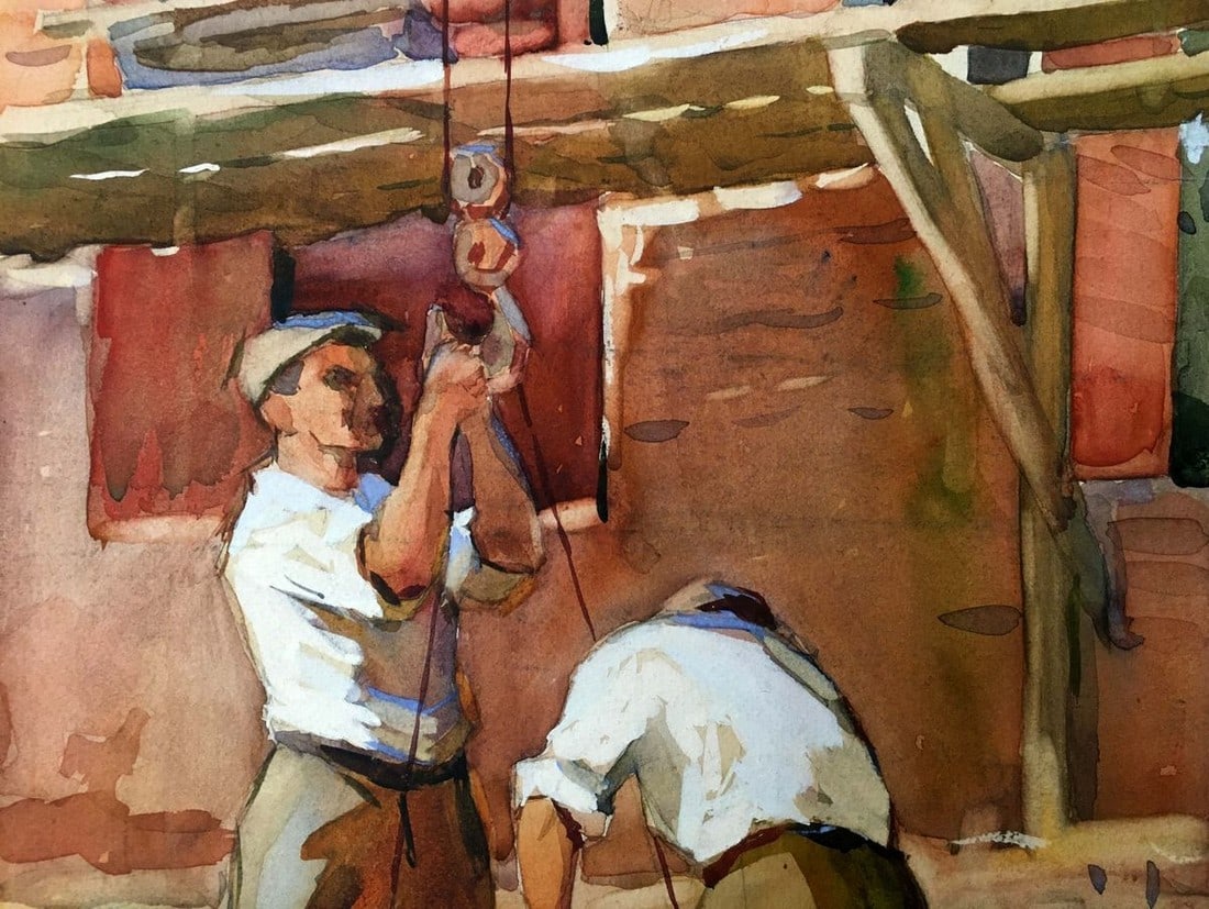 Watercolor painting People at a construction site - 3