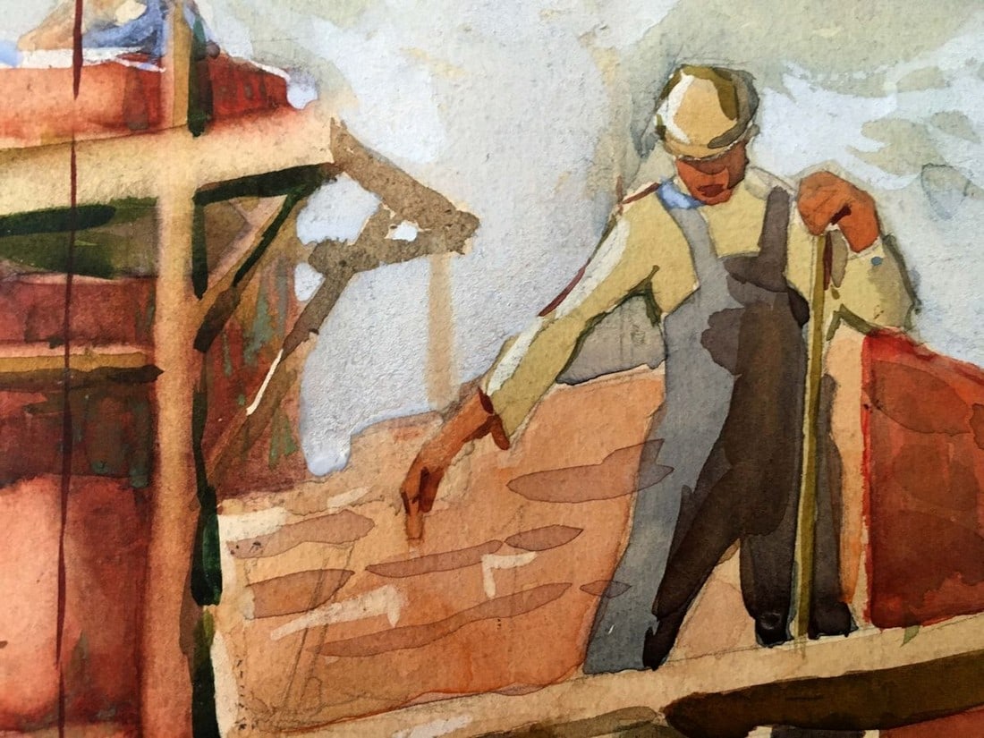 Watercolor painting People at a construction site - 7