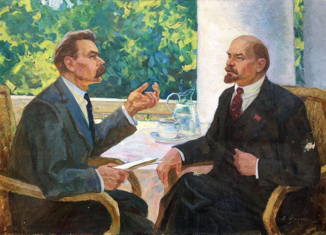 Social realism oil painting Lenin and Gorky in Gorki Fedorchuk Vasily Fedorovich: Title: Social realism oil painting Lenin and Gorky in Gorki Fedorchuk Vasily Fedorovich Description: ?1108AAA *** ABOUT THIS PAINTING *** * TITLE: "Lenin and Gorky in Gorki" * ARTISTS: Fedorchuk Vasil