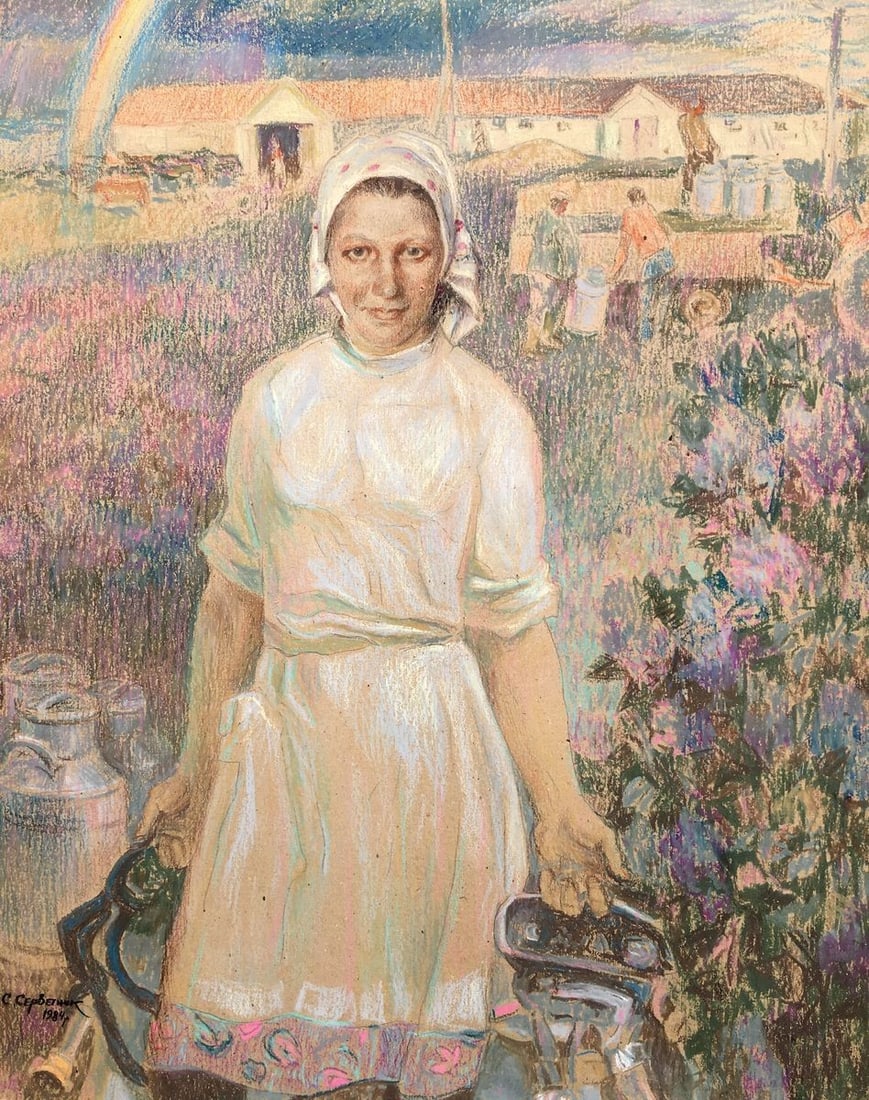Social realism tempera painting Portrait of a milkmaid Servetnik Stanislav Maryanovich - 2