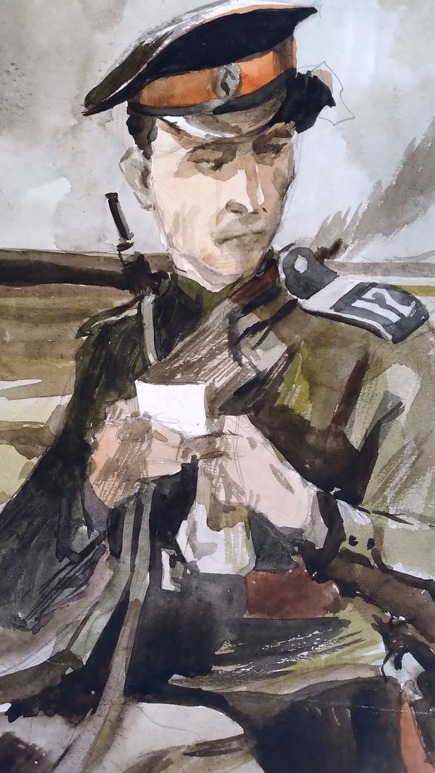 Social realism watercolor painting Soldier on the road Unknown author - 2