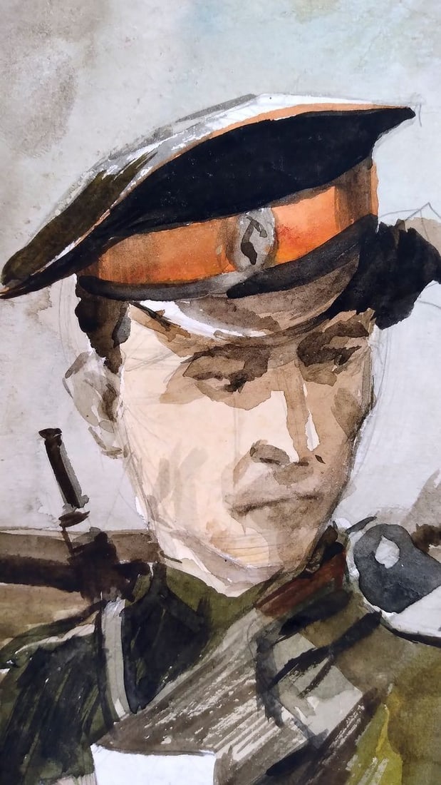 Social realism watercolor painting Soldier on the road Unknown author - 3