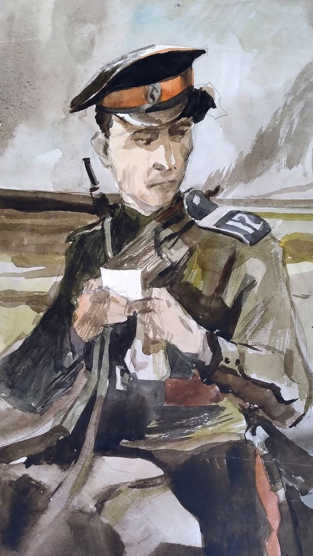 Social realism watercolor painting Soldier on the road Unknown author - 5