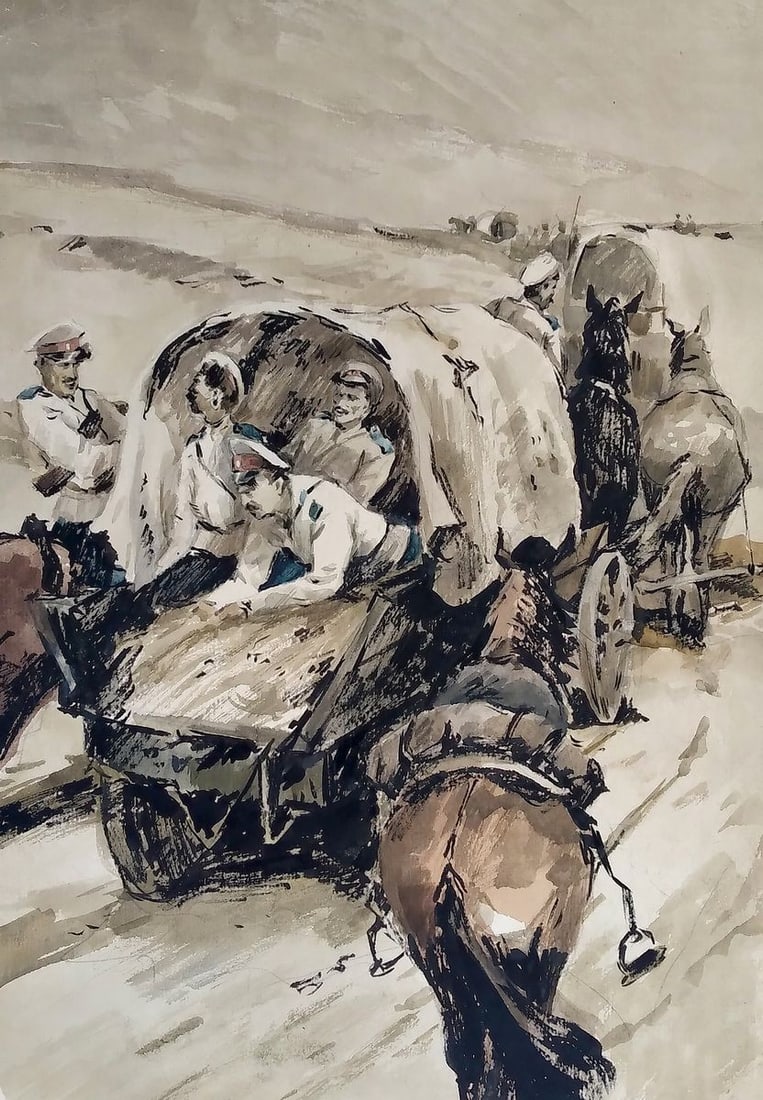 Social realism watercolor painting The soldiers are returning home Unknown author (1 of 6)