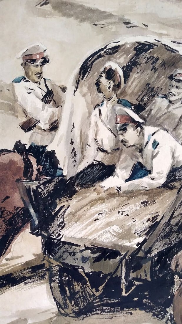 Social realism watercolor painting The soldiers are returning home Unknown author - 2
