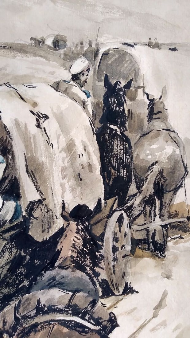 Social realism watercolor painting The soldiers are returning home Unknown author - 3