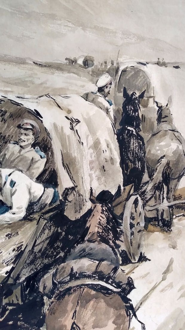 Social realism watercolor painting The soldiers are returning home Unknown author - 5