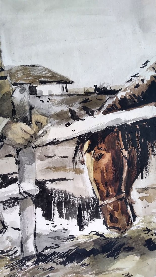Social realism watercolor painting Soldier at home Unknown author - 3