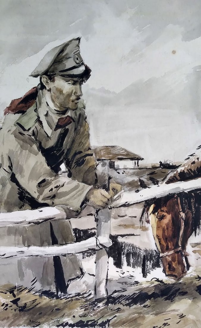 Social realism watercolor painting Soldier at home Unknown author - 4
