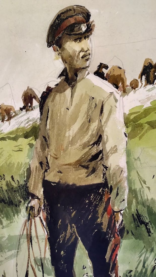 Social realism watercolor painting Soldier in the field Unknown author - 2