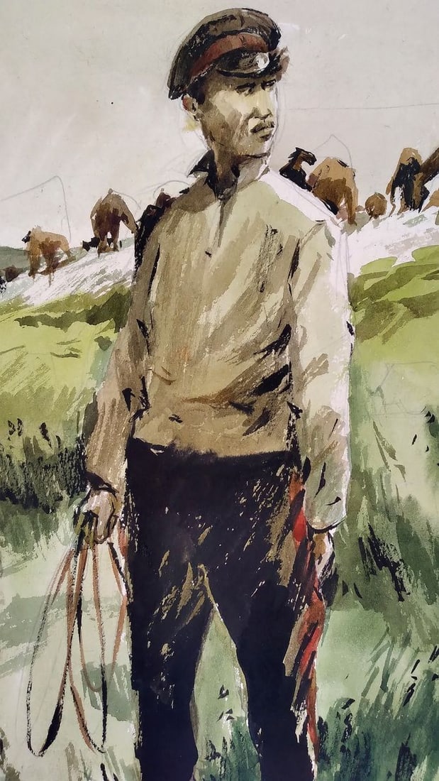 Social realism watercolor painting Soldier in the field Unknown author - 5