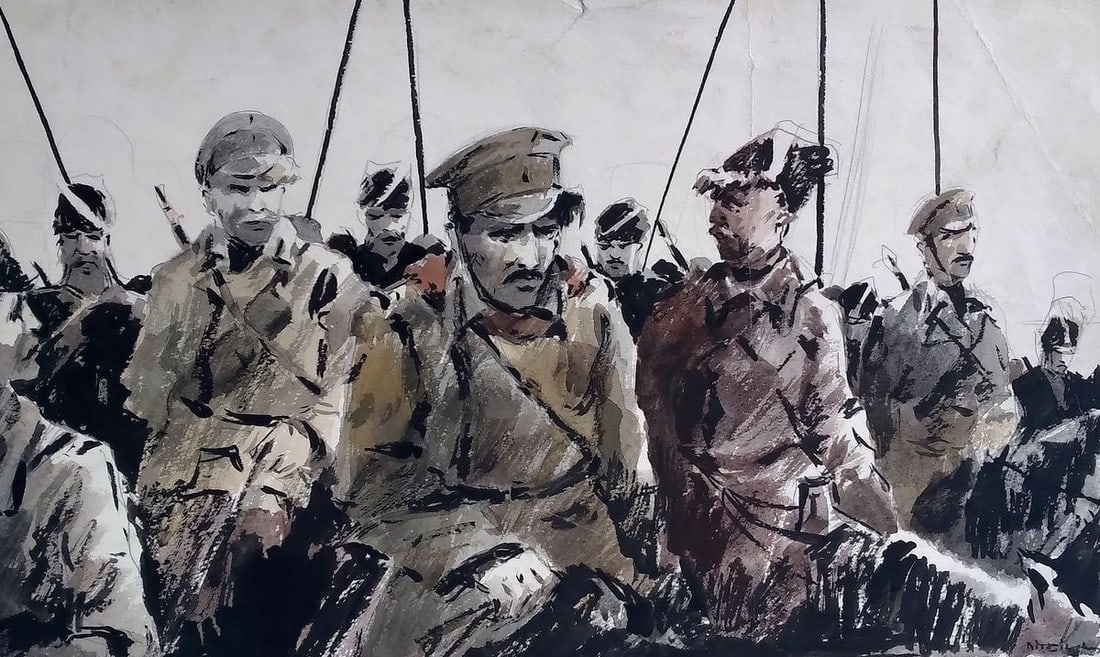 Social realism watercolor painting Soldiers prepare for battle Unknown author (1 of 7)