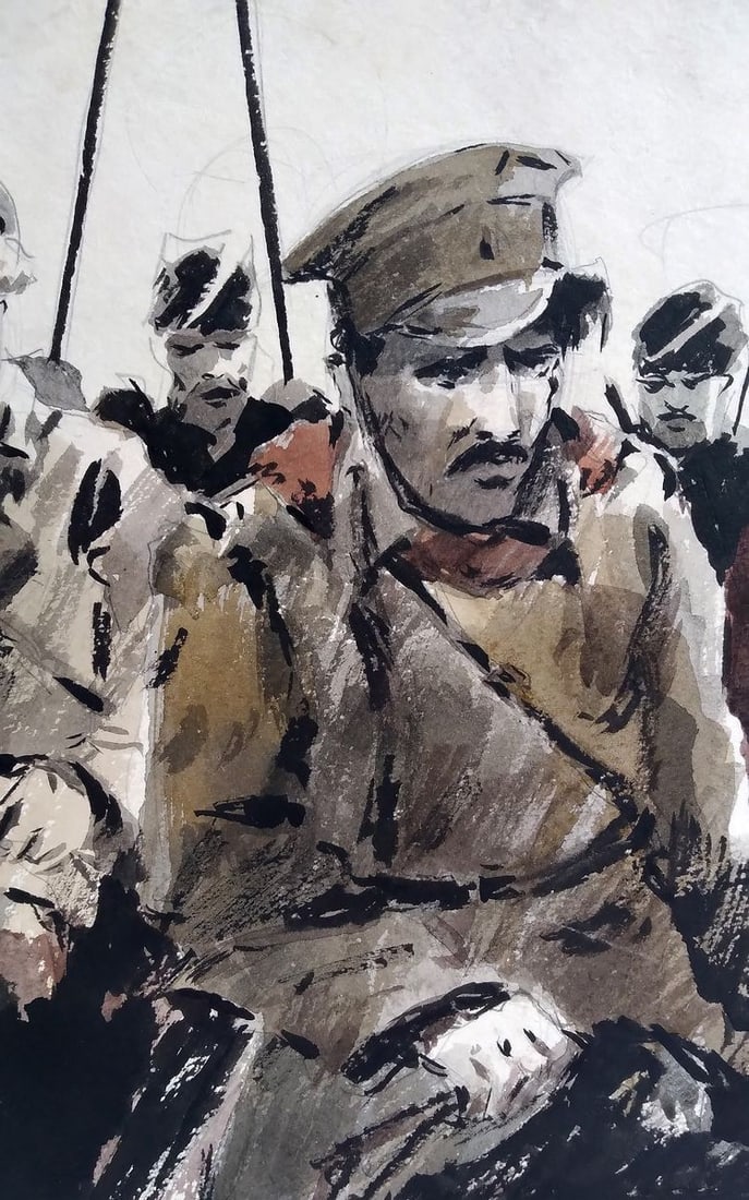Social realism watercolor painting Soldiers prepare for battle Unknown author - 2