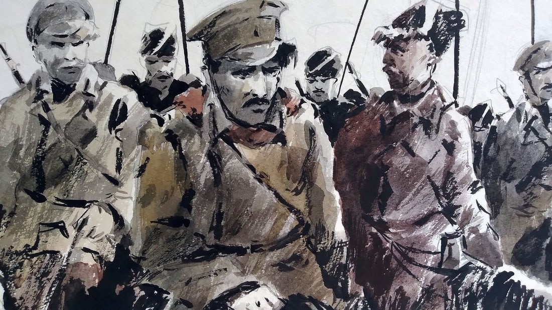 Social realism watercolor painting Soldiers prepare for battle Unknown author - 5