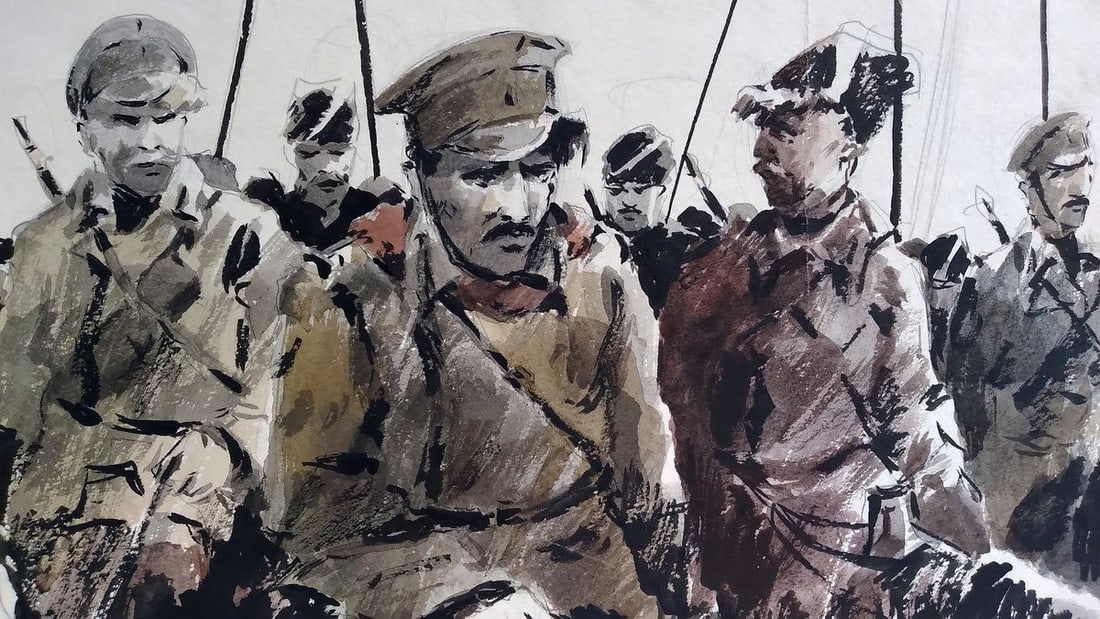 Social realism watercolor painting Soldiers prepare for battle Unknown author - 6