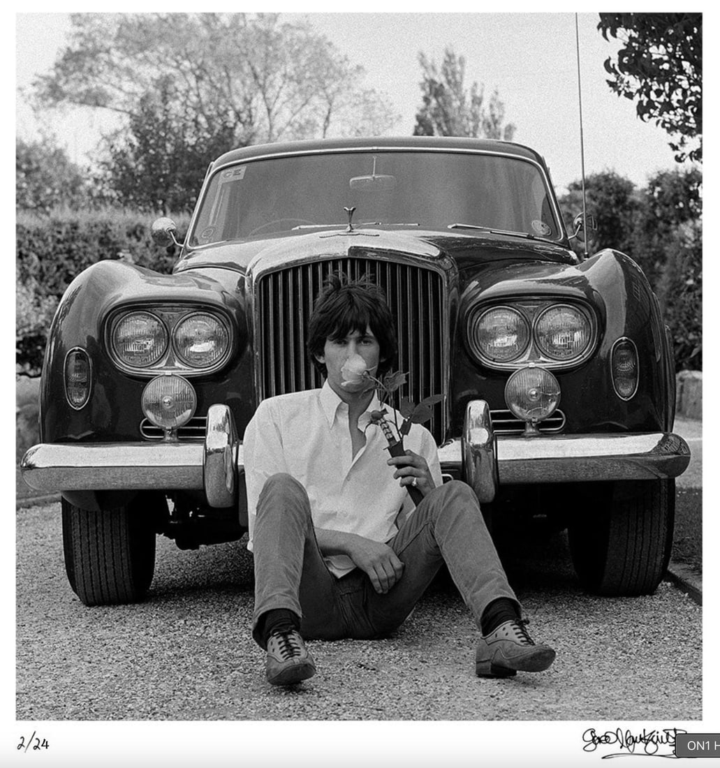 Keith Richards sitting in front of Bentley, 1966 — Signed Limited Edition Print: 1966 (printed - 3