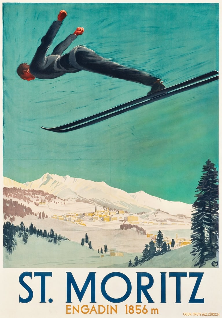 ENGADIN ST MORITZ SWITZERLAND TRAVEL POSTER PRINT: Title: ENGADIN ST MORITZ SWITZERLAND TRAVEL POSTER PRINTDescription: Engadin St Moritz Switzerland Travel Poster Print measuring at 35.5x50.25 inchesDimensions: 35.5x50.25" Reserve: $80.00 