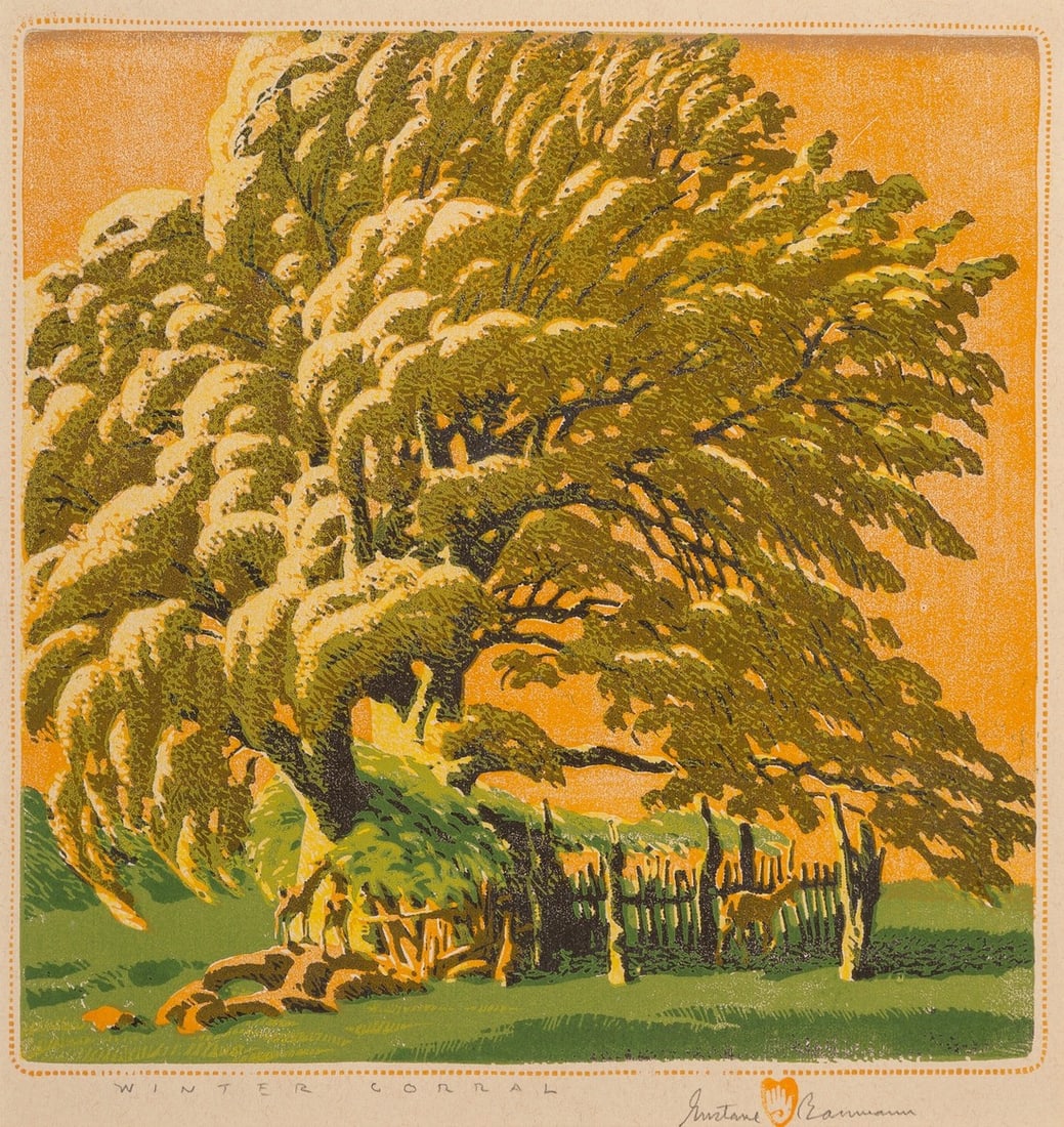 GUSTAVE BAUMANN WINTER CORRAL PRINT: Title: GUSTAVE BAUMANN WINTER CORRAL PRINTDescription: Gustave Baumann Winter Corral Print mounted to board measuring at 12.5x12.5 inchesDimensions: 12.5x12.5" Reserve: $60.00 Shipping:Domestic: