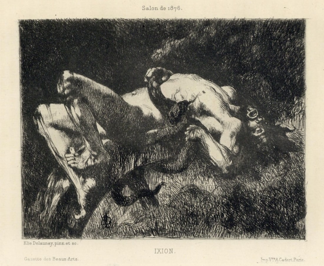 Jules Elie Delaunay "Ixion" original etching: Title: Jules Elie Delaunay "Ixion" original etching Description: Medium: original etching. Printed on laid paper by Cadart and published in Paris by Gazette des Beaux Arts in 1876. Plate size: 5 1/8