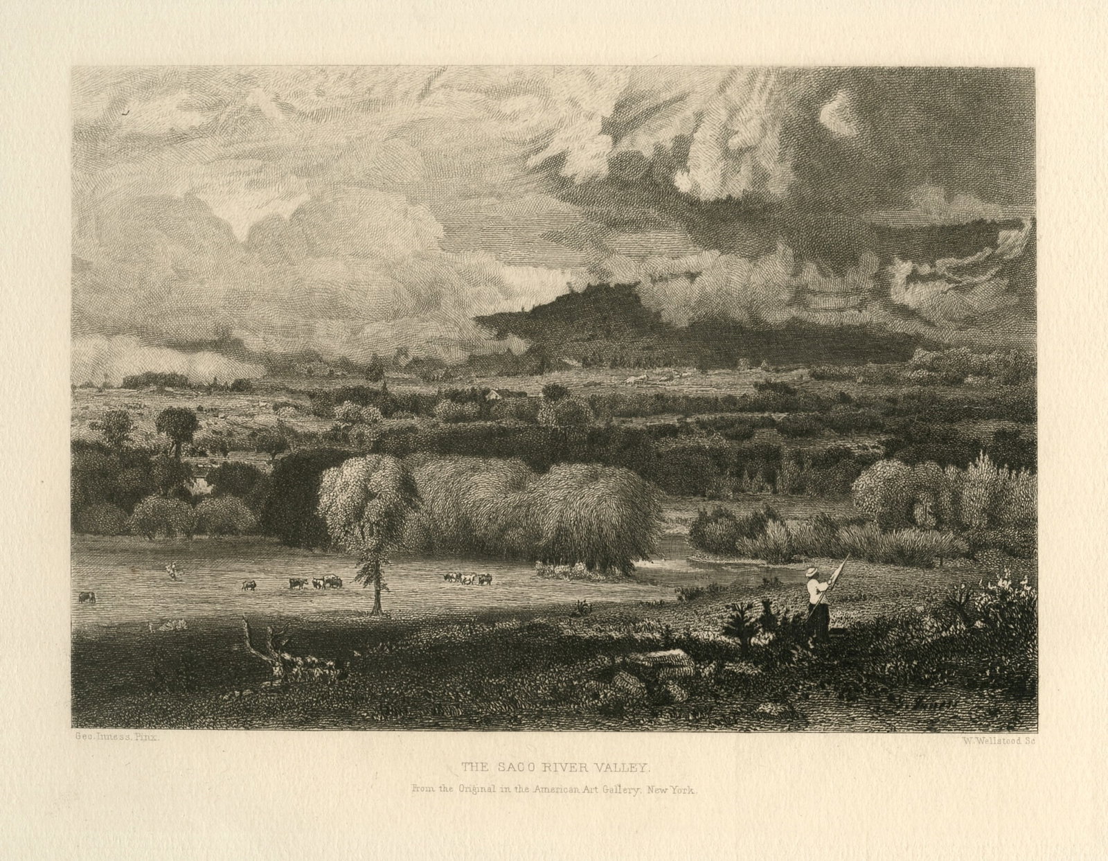 George Inness etching "The Saco River Valley": Title: George Inness etching "The Saco River Valley" Description: Medium: etching (after the painting). Etched by William Wellstood after George Inness. Printed in 1887 and published in Boston by Este