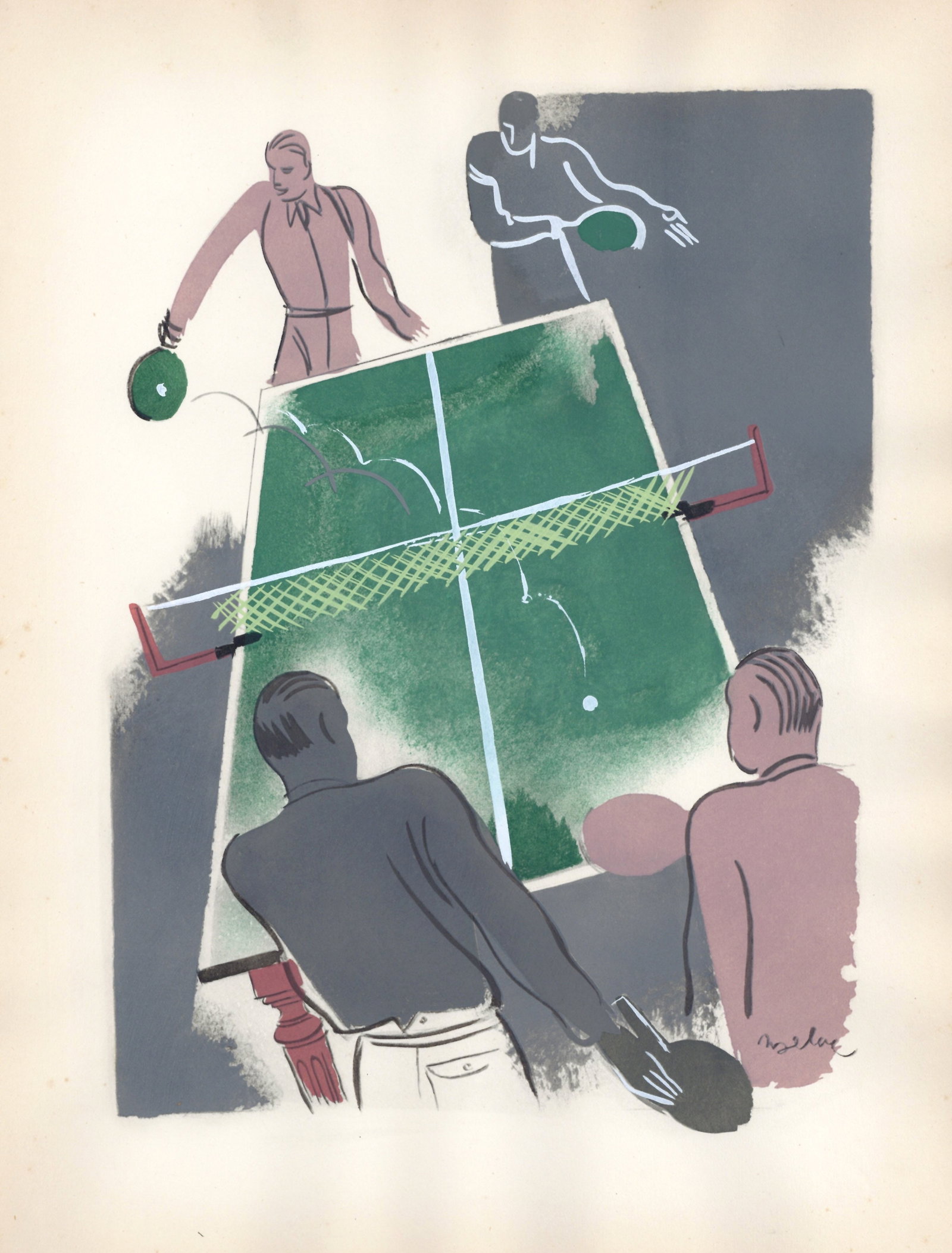 Milivoj Uzelac pochoir "Le Ping-Pong" Les Joies du Sport: Title: Milivoj Uzelac pochoir "Le Ping-Pong" Les Joies du Sport Description: Medium: pochoir. Printed in Paris in 1932 on Velin du Marais paper at the atelier of Daniel Jacomet for the Les Joies du