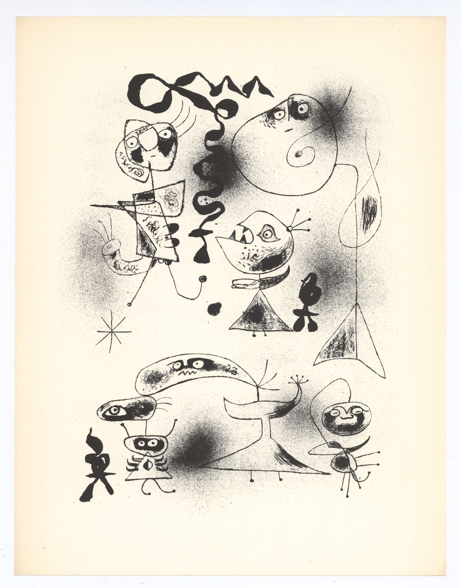 Joan Miro surrealist composition, 1947: Title: Joan Miro surrealist composition, 1947 Description: Medium: collotype (after the Miro lithograph). Printed in 1947 in an edition of 1500 by Meriden Gravure and published by Curt Valentin for