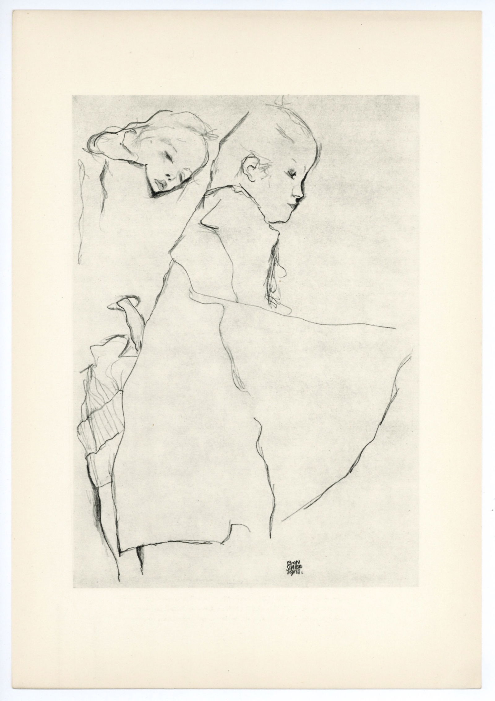 Egon Schiele "Two Girls": Title: Egon Schiele "Two Girls" Description: Medium: collotype (after the drawing). Printed in Vienna in 1950 by the Österreichische Staatsdruckerei (Austrian State Printing House) for a scarce