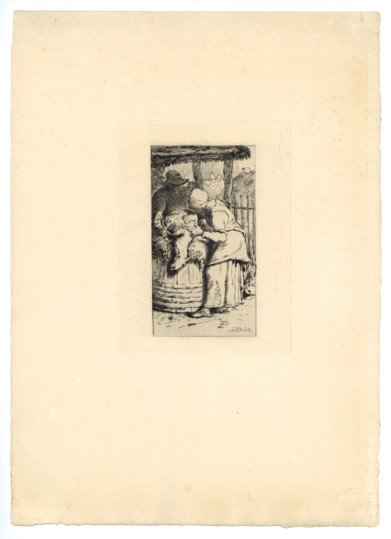 Jean-Francois Millet etching "Woman Shearing Sheep" - 2