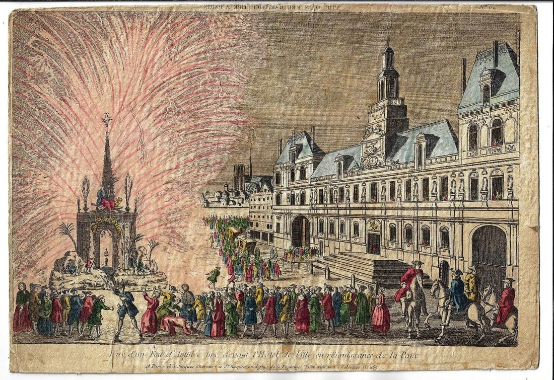 1760 Handcolored Hotel De Ville Fireworks Paris: Title: 1760 Handcolored Hotel De Ville Fireworks Paris Additional Information: A Vue de Perspective of L'Hotel De Ville at Paris during a fireworks display, printed circa 1760 by Chez Jacques