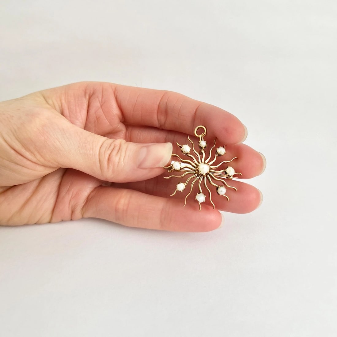 Antique Victorian Pearl Starburst Pendant Brooch 14K Yellow Gold, 6.59 Grams - 2