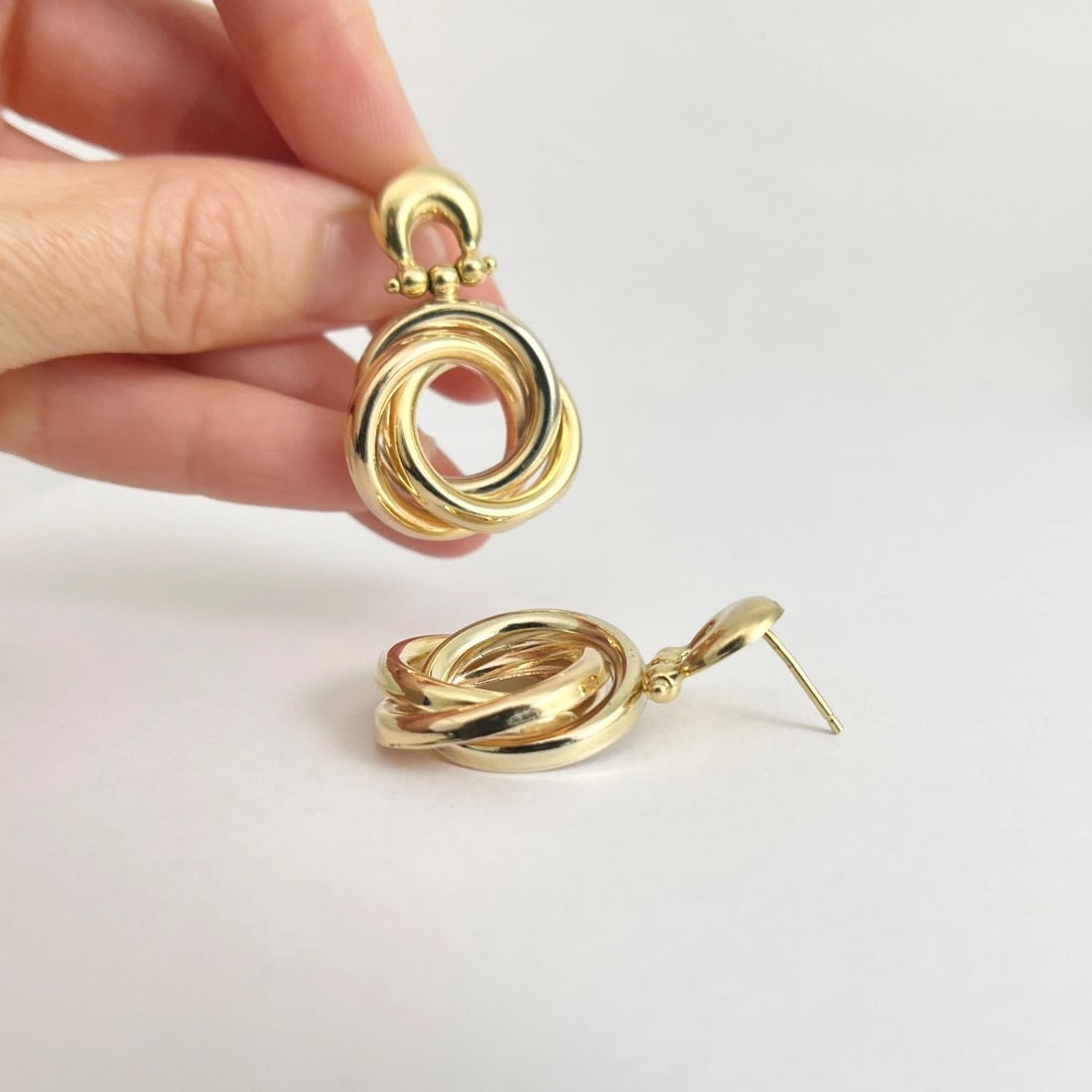 Vintage 1960's Tri-Color Knot Door Knocker Drop Earrings 18K Yellow Gold 9.88 Gr - 4