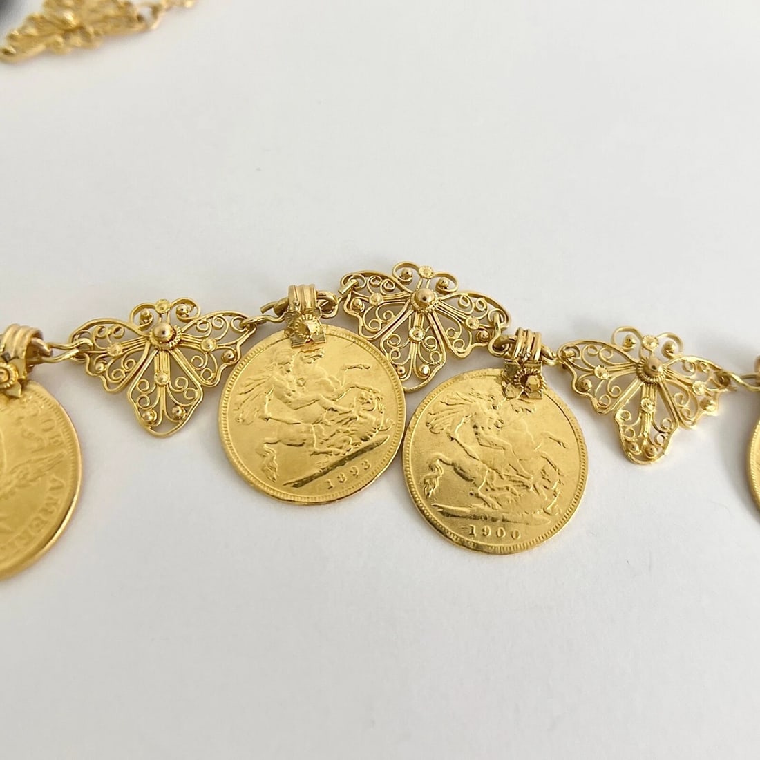 Vintage Antique Coin Butterfly Chain Necklace 22K Yellow Gold, 52.56 Grams - 7