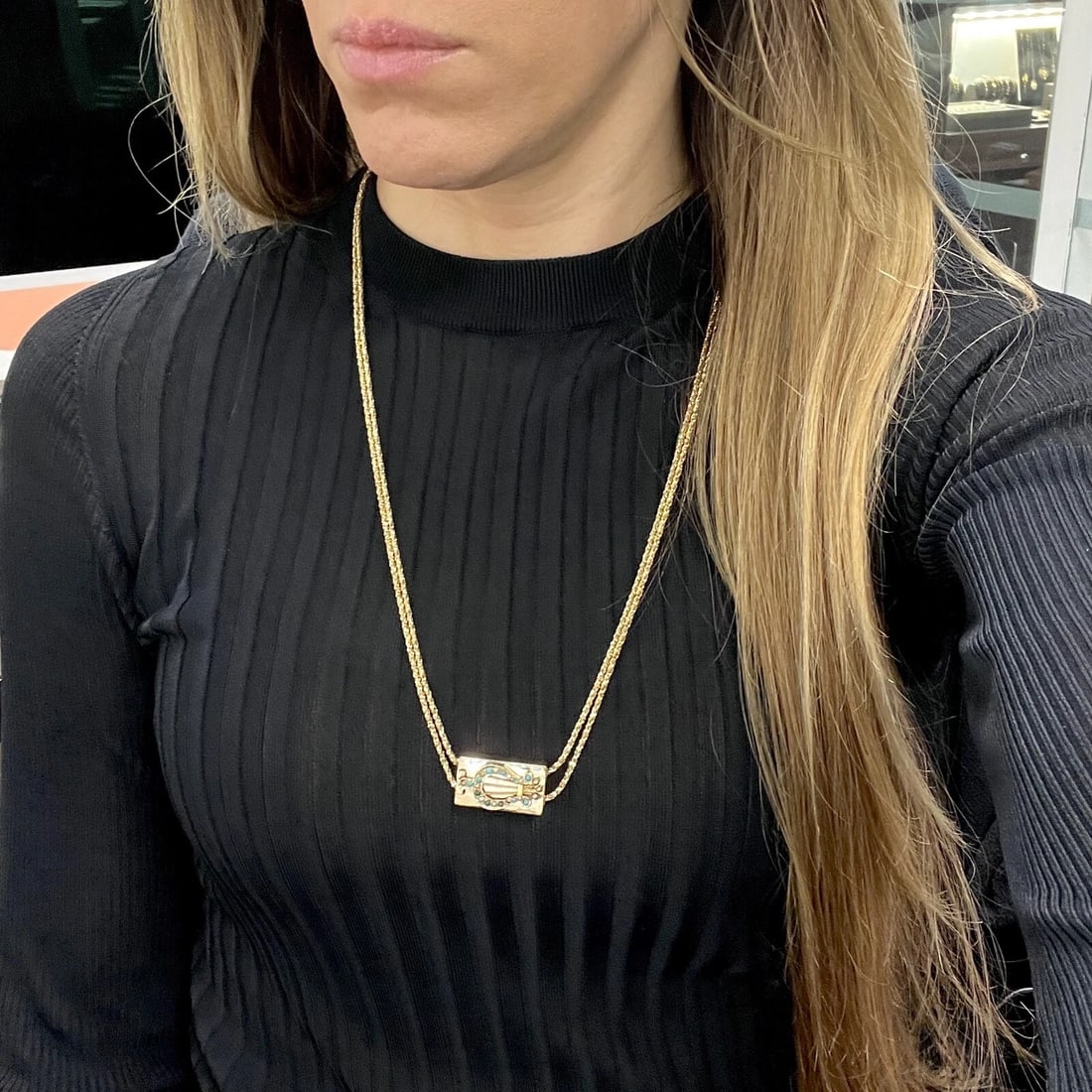 Antique Victorian Lyre Turquoise Seed Pearl Necklace 14K Yellow Gold, 26.58 Gram - 3