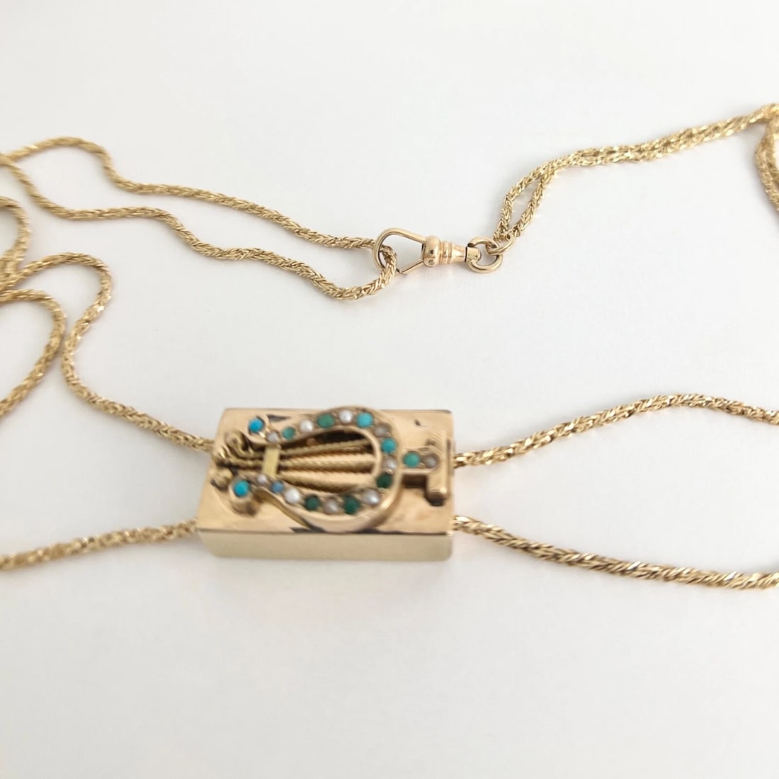Antique Victorian Lyre Turquoise Seed Pearl Necklace 14K Yellow Gold, 26.58 Gram - 9