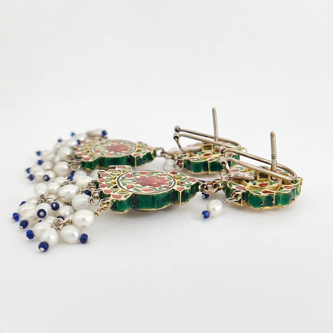 Antique Victorian Diamond Pearl Enamel Dangle Drop Earrings Yellow Gold 40.63 Gr - 9