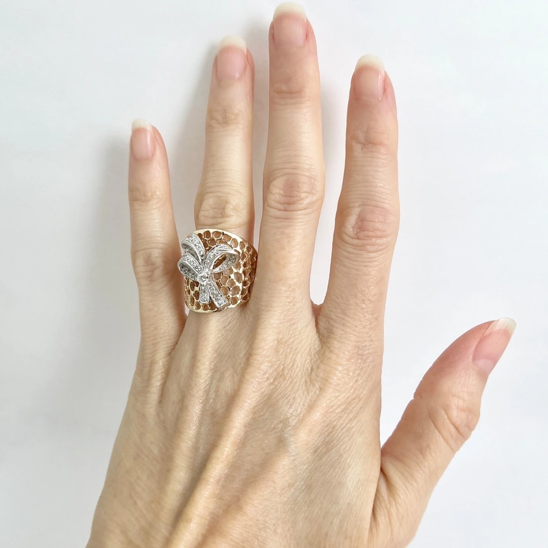 Vintage Two-Tone Diamond Bow Filigree Long Ring 14K Yellow White Gold, 8.49 Gram - 2