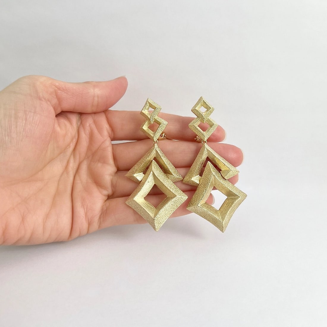 Vintage 1960's Long Geometric Dangle Drop Earrings 14K Yellow Gold, 29.36 Grams - 2