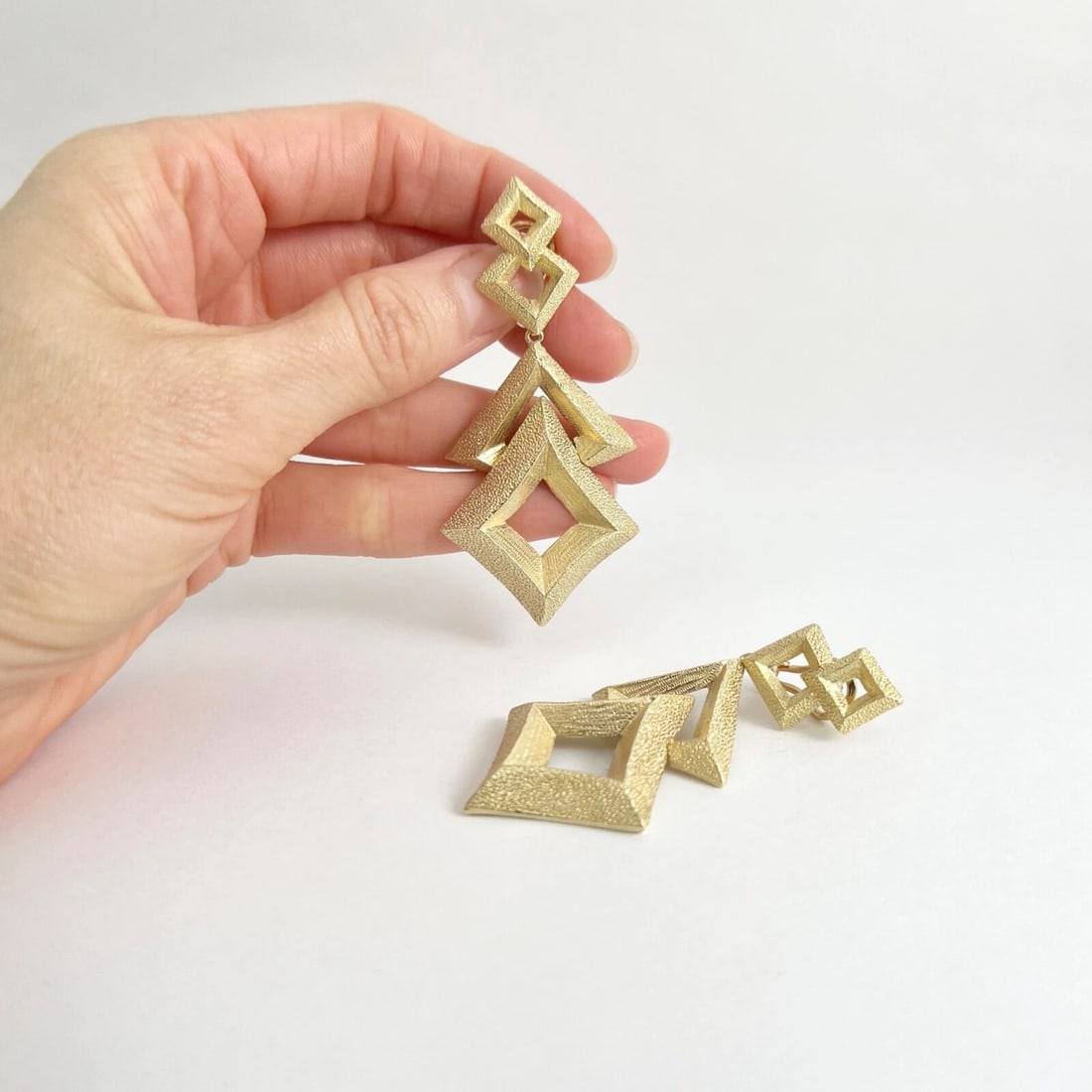 Vintage 1960's Long Geometric Dangle Drop Earrings 14K Yellow Gold, 29.36 Grams - 3