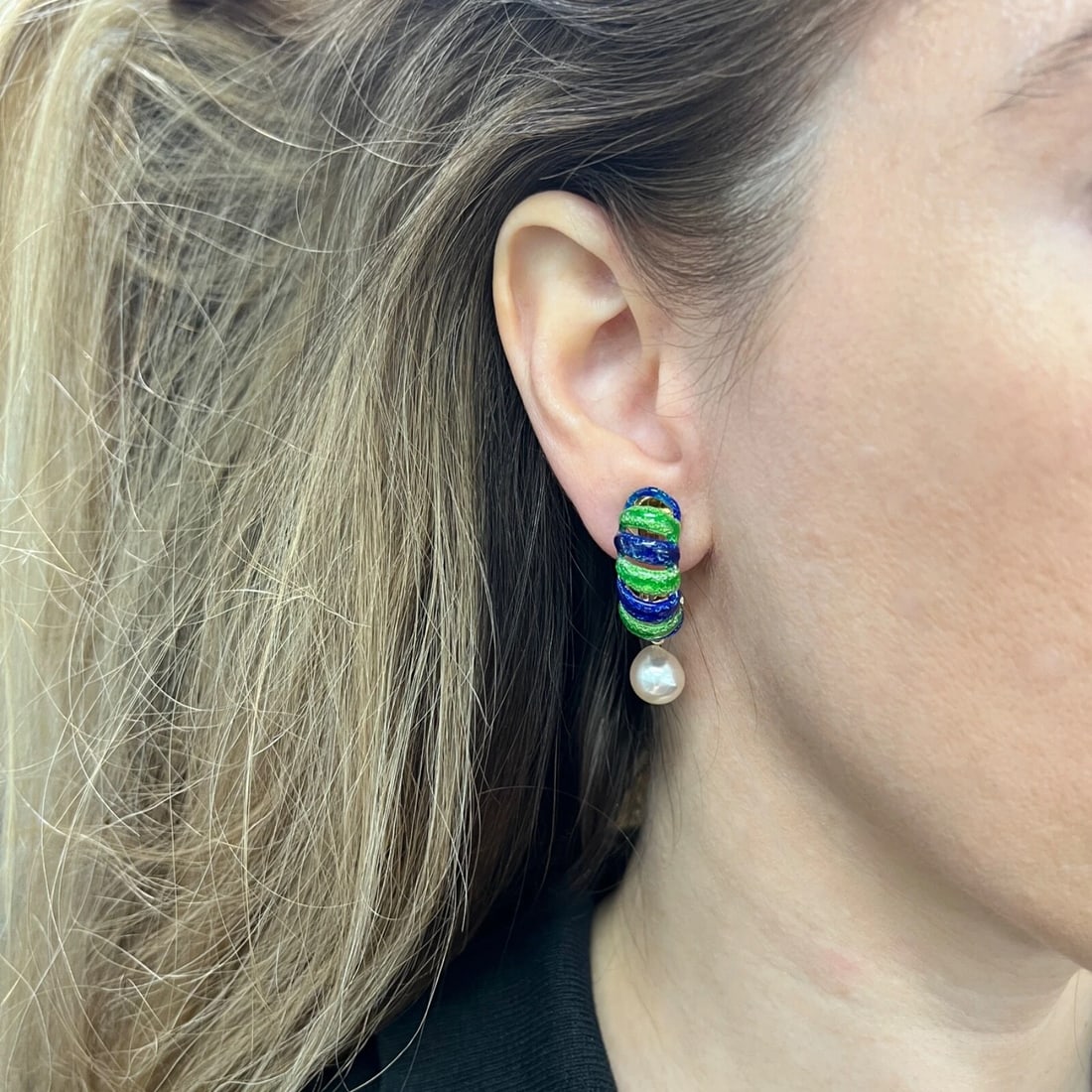 Vintage Blue Green Enamel Pearl Dangle Drop Earrings 14K Yellow Gold, 16.47 Gr - 3