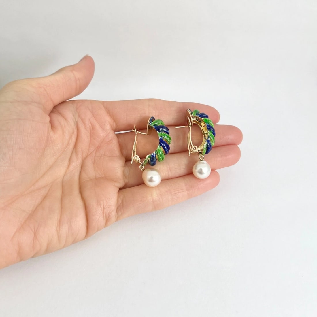 Vintage Blue Green Enamel Pearl Dangle Drop Earrings 14K Yellow Gold, 16.47 Gr - 5