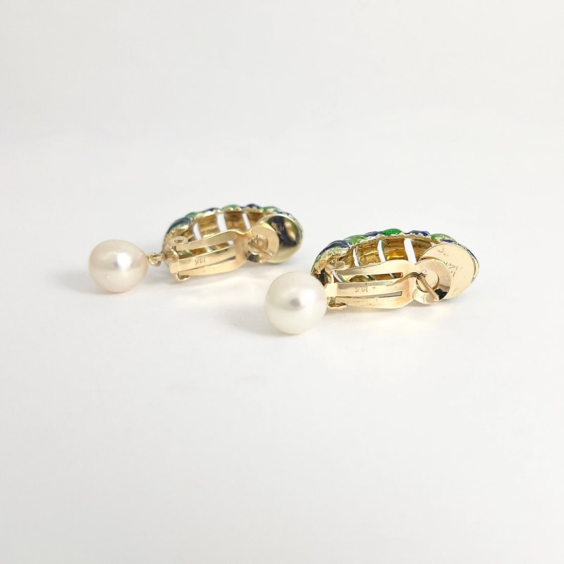 Vintage Blue Green Enamel Pearl Dangle Drop Earrings 14K Yellow Gold, 16.47 Gr - 8
