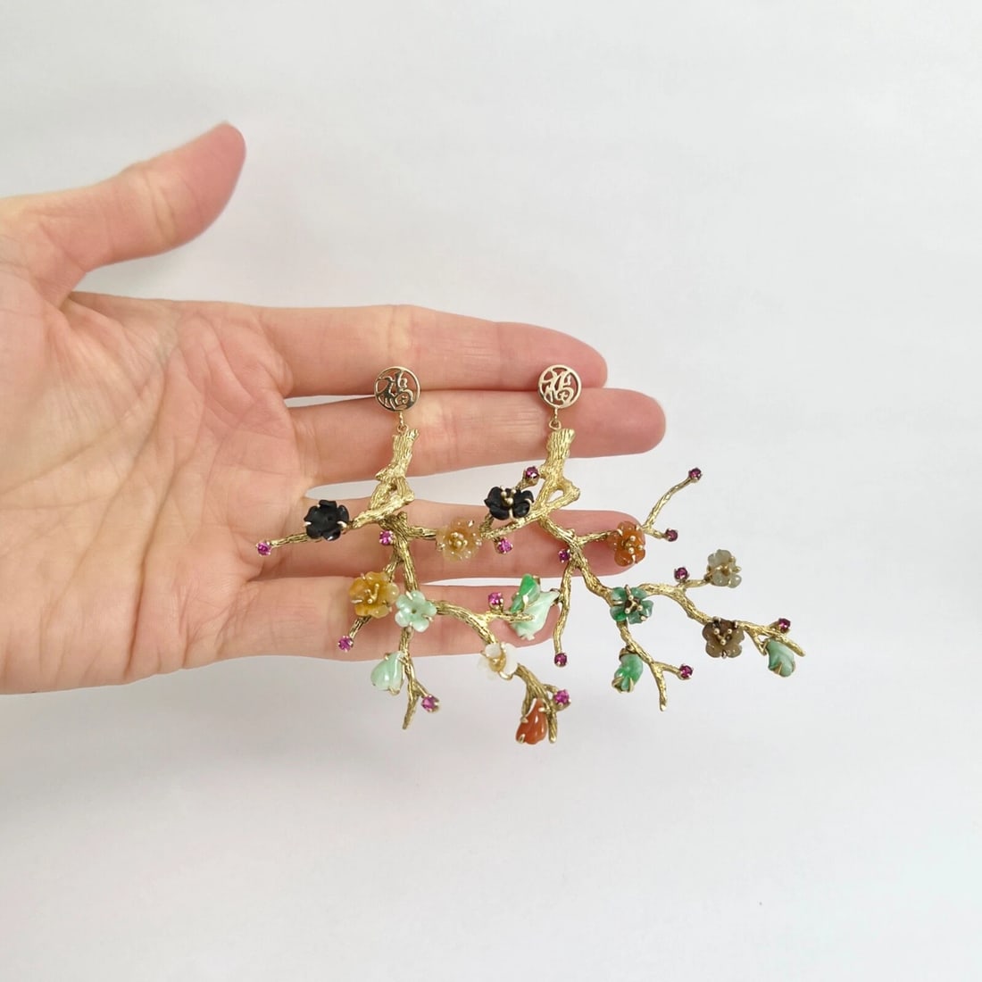 Vintage Fu Multicolored Jade Branch Dangle Drop Earrings 14K Yellow Gold 22.18 G - 2