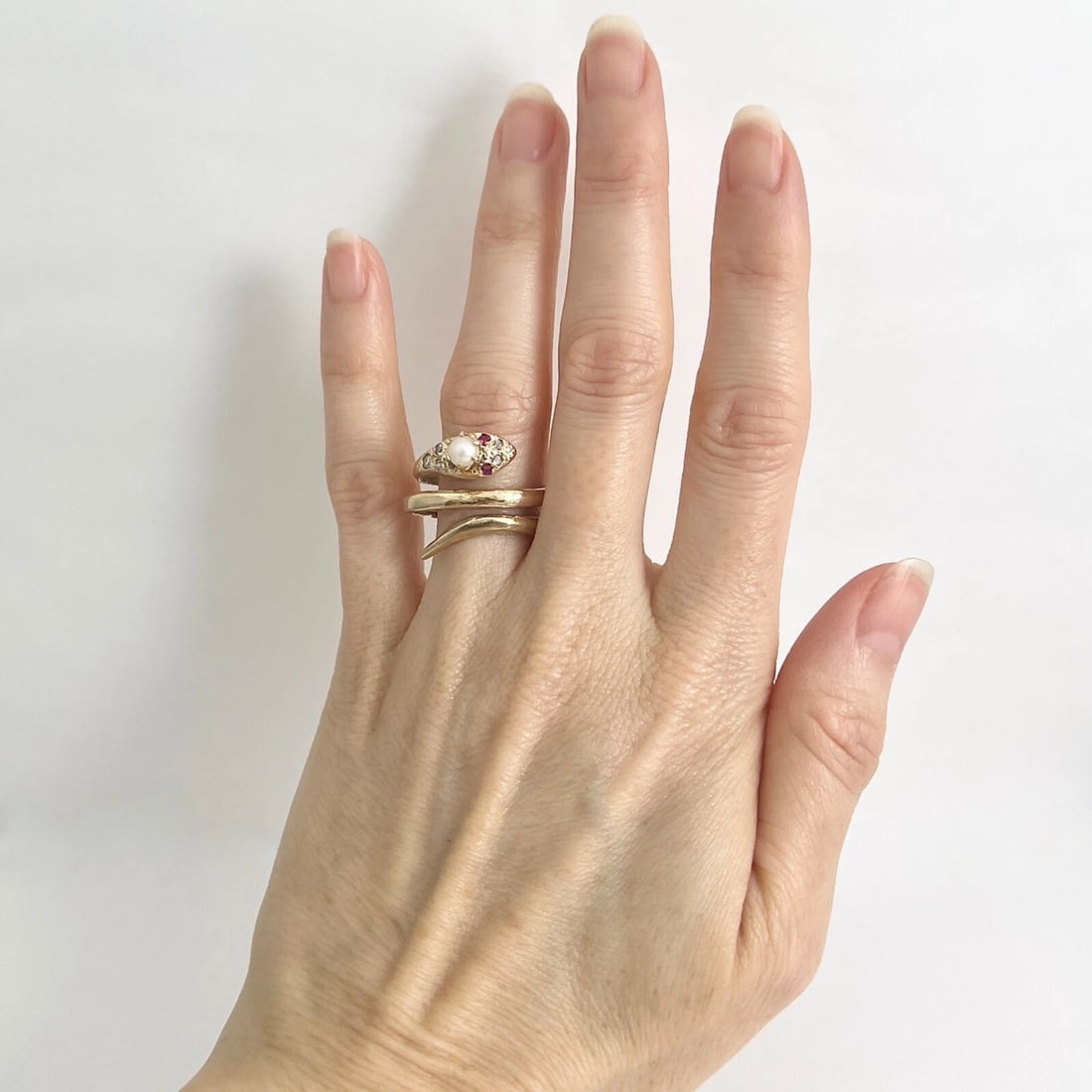 Antique Art Nouveau Snake Pearl Diamond Cocktail Ring 14K Yellow Gold, 7.01 Gr - 2