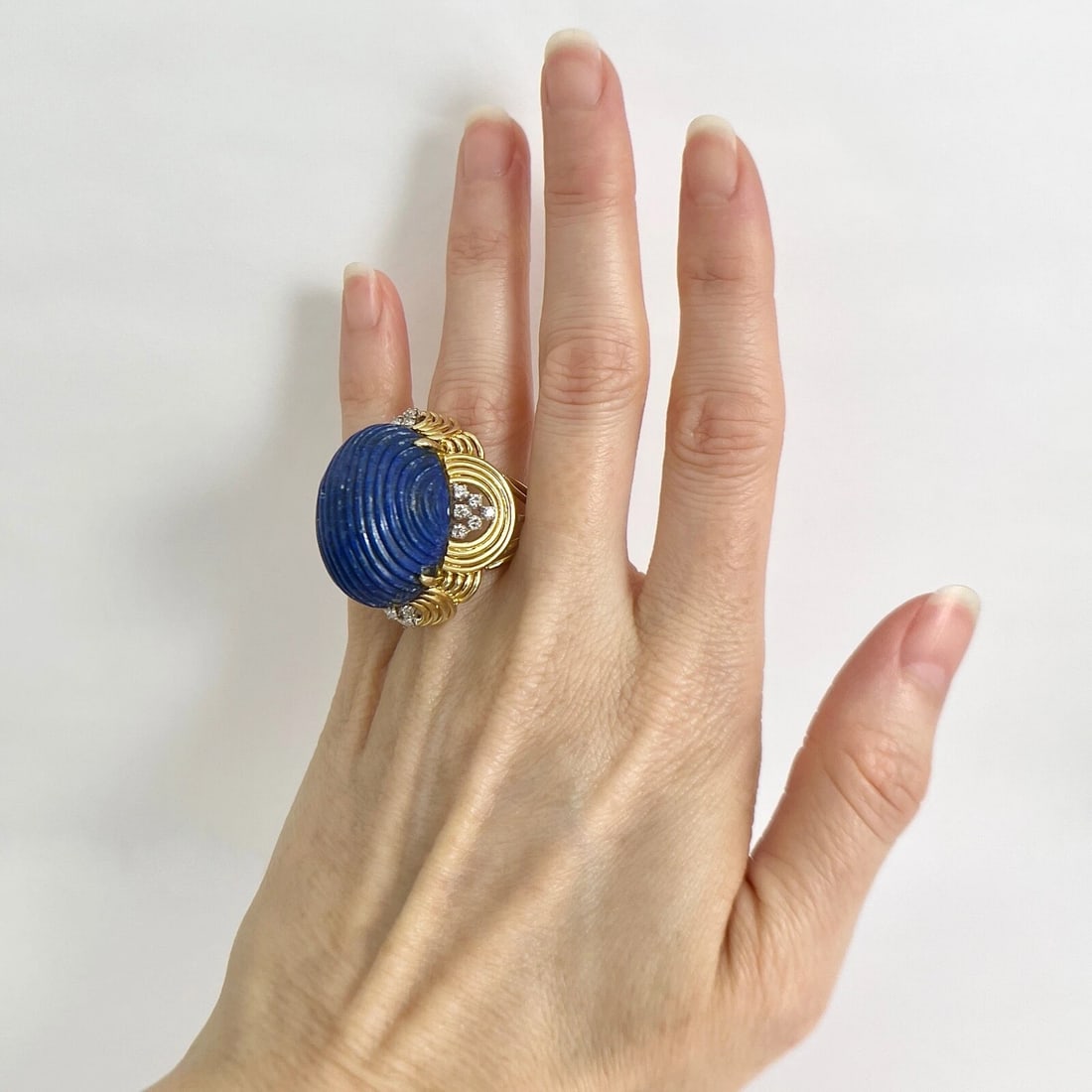 Vintage 1960's Blue Lapis Lazuli Diamond Cocktail Ring 14K Yellow Gold, 22.93 Gr - 2