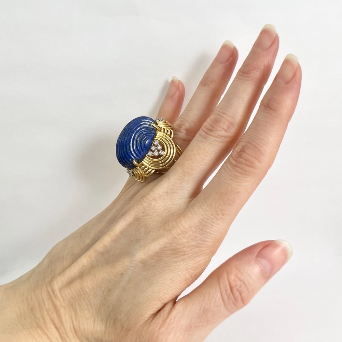 Vintage 1960's Blue Lapis Lazuli Diamond Cocktail Ring 14K Yellow Gold, 22.93 Gr - 4