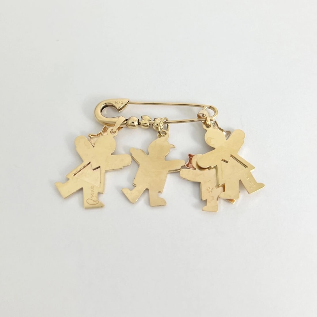 Vintage Diamond Family Safety Pin Brooch 14K Yellow Gold, 11.02 Grams - 7